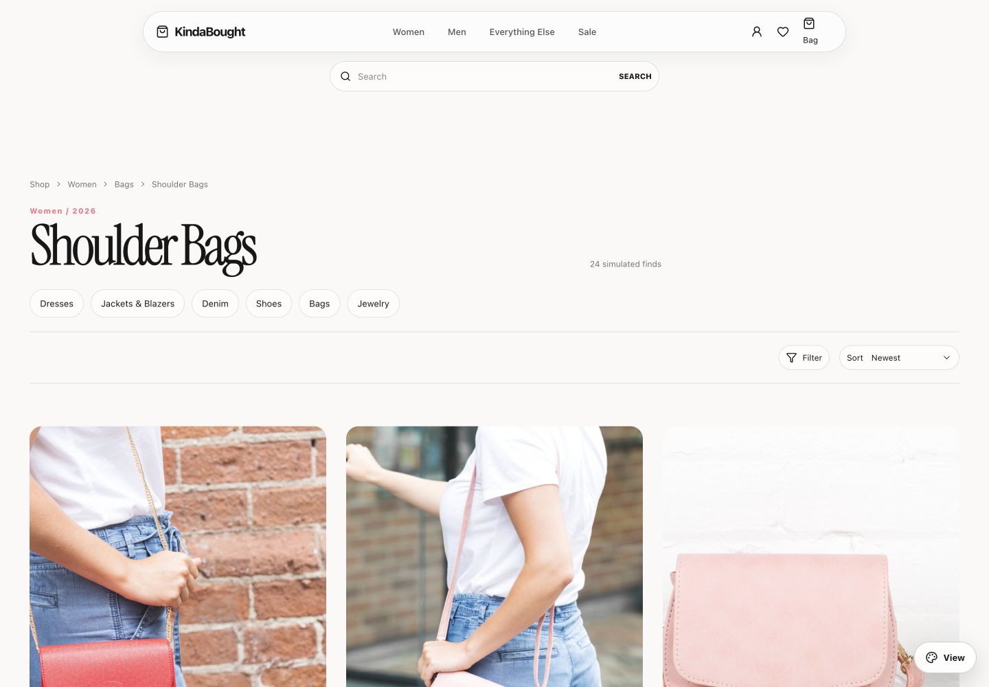 KindaBought editorial storefront showing a shoulder bag collection