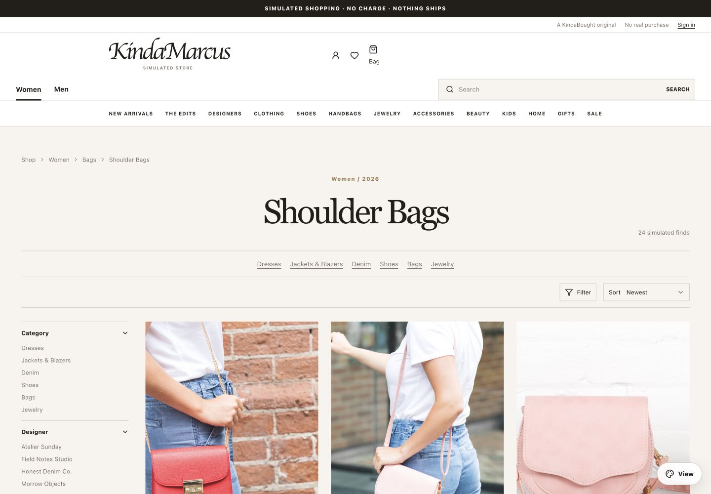 KindaMarcus luxury storefront with an ivory masthead and dense navigation